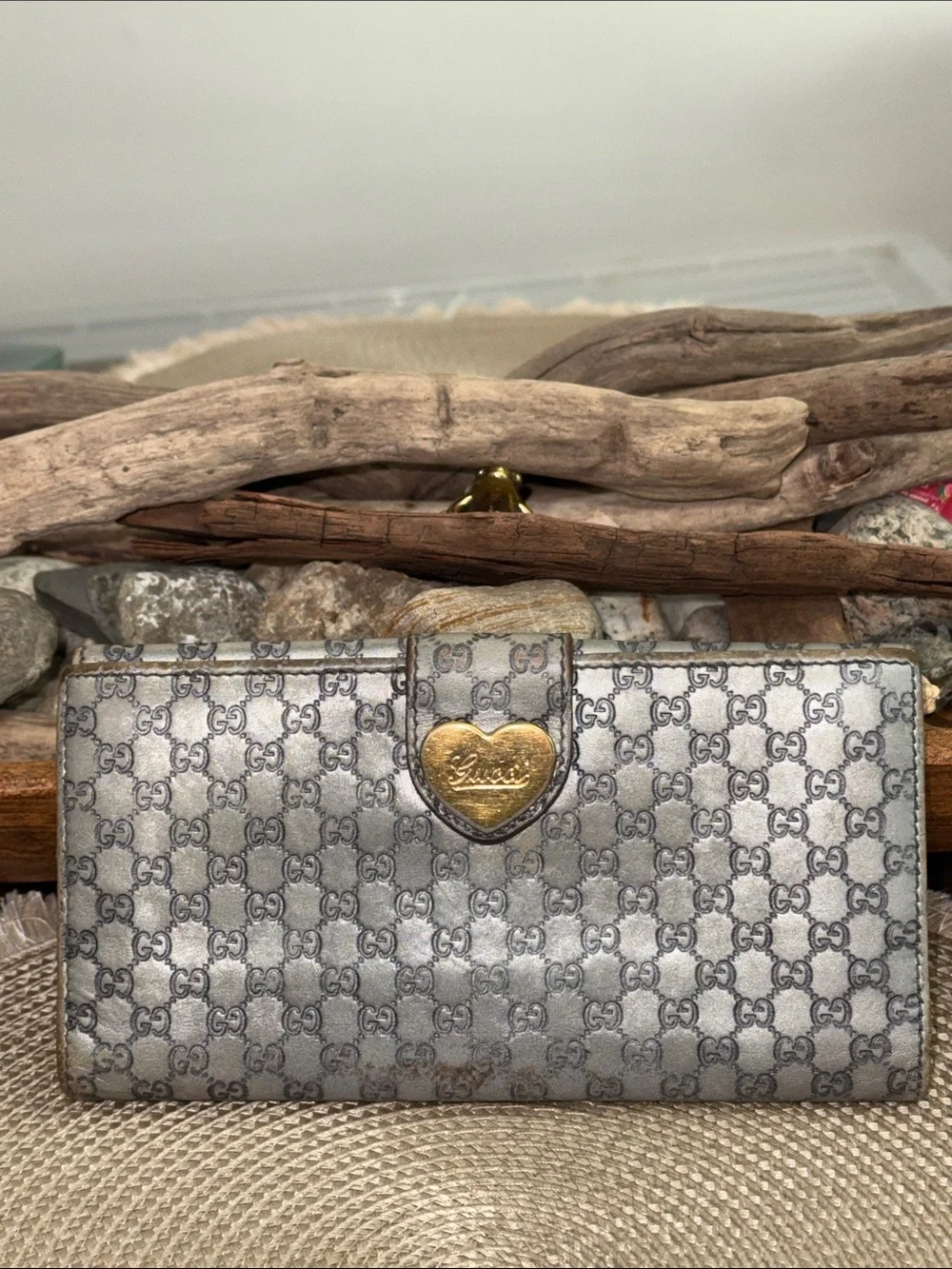 Gucci Gray GG Monogram Wallet with Gold Heart Tab